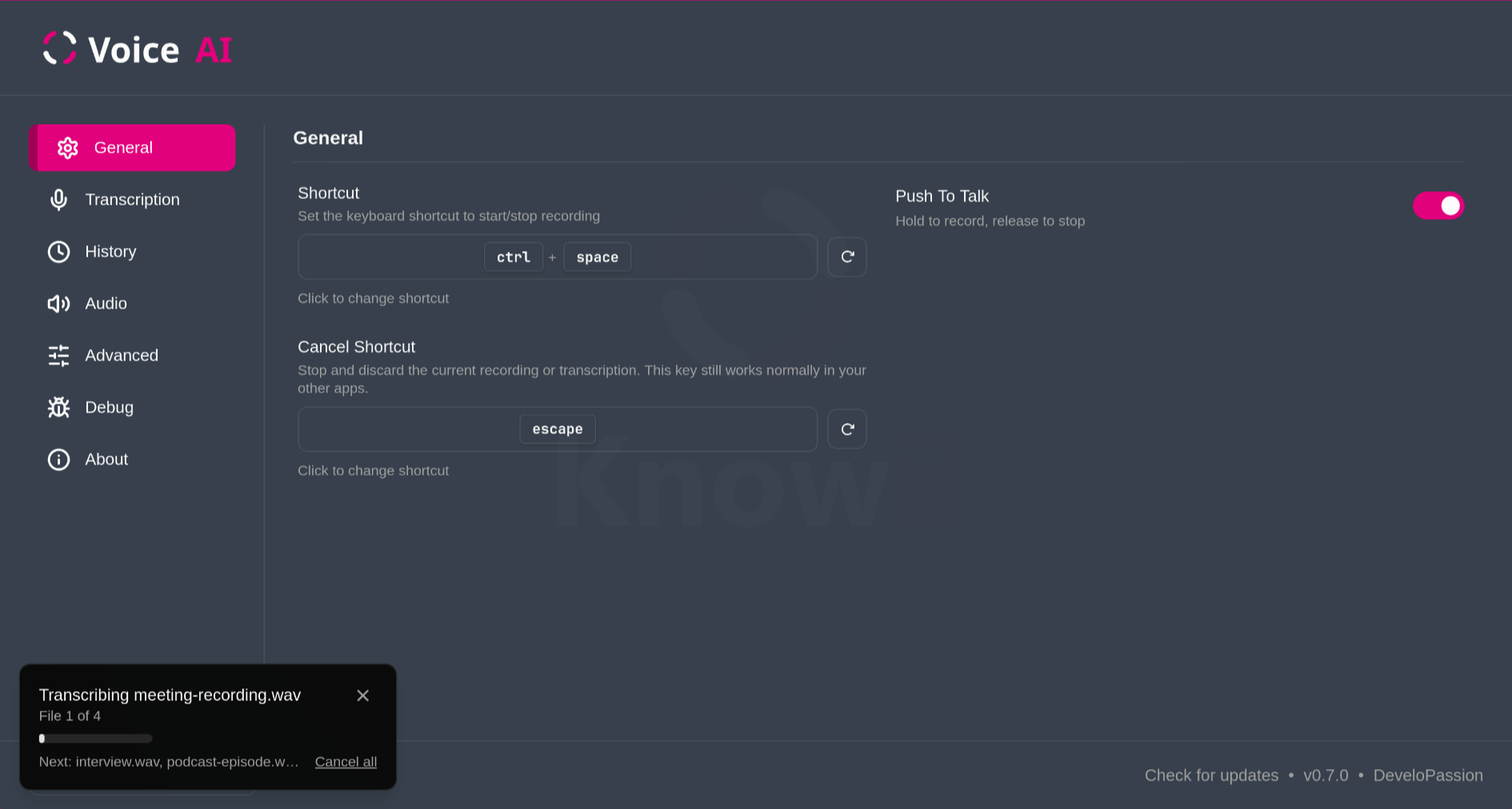 A file being transcribed: the progress card sits in the bottom-left corner of the window